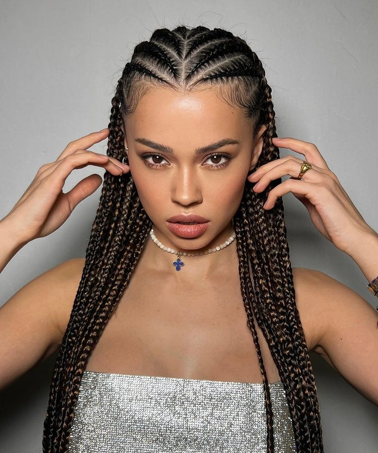 гладкі лейн-коси cornrows симетричним візерунком до центру що переходять у довгі коси